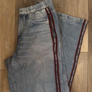 Rag & bone Sz L miramar cotton-terry wide leg track pant jeans Burgandy stripe